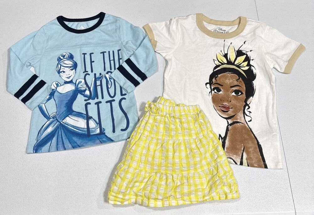 Lot Of 3 Disney Tiana & Cinderella Tee Jessica Simpson Plaid Skirt Girl 5-6